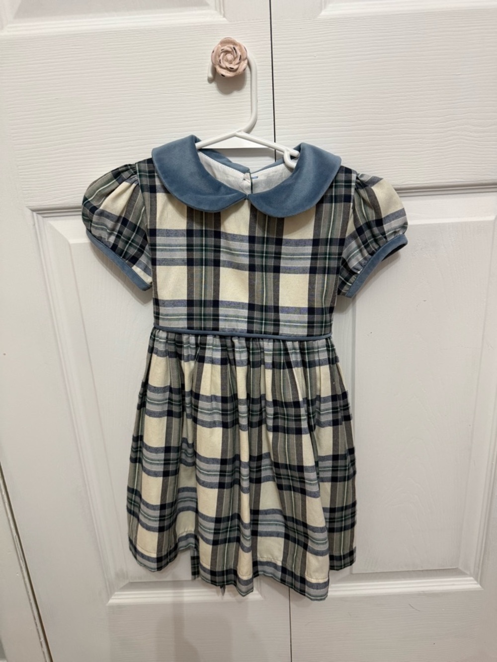 Girls Cream and Blue Plaid Peter Pan Collar Dress